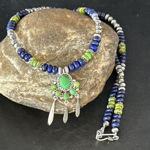 Navajo Green Turquoise Lapis Multi-Stone Necklace Pendant | Authentic Native American Sterling Silver | 14615