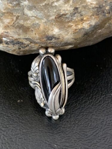 Native American Indian Design Black Onyx Ring | Sterling Silver | Sz 6.5 | 10796