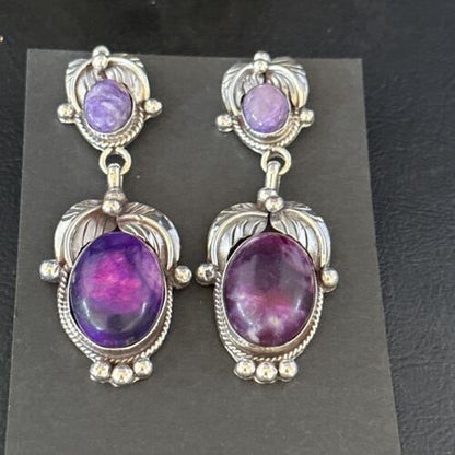 Navajo Purple Sugilite Dangle Earrings | Sterling Silver | 2" | Authentic Native American Handmade | 14405