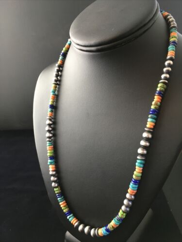Navajo Orange Spiny Oyster Necklace | Sterling Silver Pearls | 21" | Authentic Native American Handmade | 1763