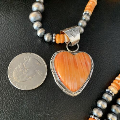 Navajo Orange Heart Spiny Oyster Pendant | Sterling Silver Necklace | Authentic Native American Handmade | 13946