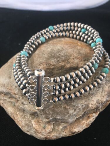 Navajo Pearls  Blue Turquoise Bracelet | 4-Strand | Sterling Silver | Authentic Native American