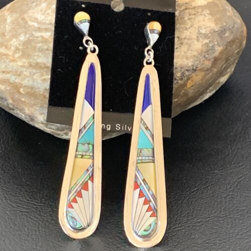 Navajo Multi-Color Turquoise Coral Mother of Pearl Inlay Earrings | Sterling Silver | 3" | 2097