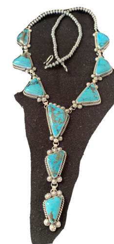 Navajo Lariat Necklace | Spiderweb Turquoise Pendant | Sterling Silver Navajo Pearls | 1187