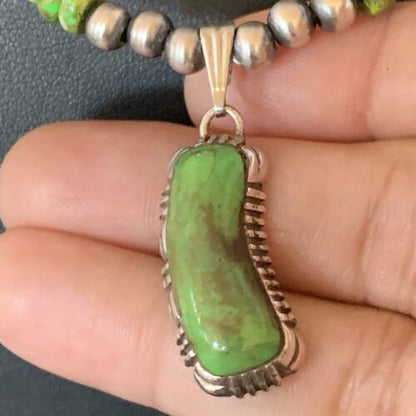 Navajo Green Gaspeite Turquoise Pendant | Sterling Silver | Authentic Native American Handmade | 13272