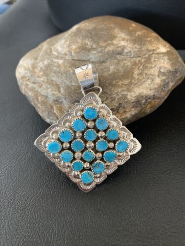 Navajo Blue Turquoise Cluster Pendant | Authentic Native American Sterling Silver | Multi-Stone | 2.5" | 02097