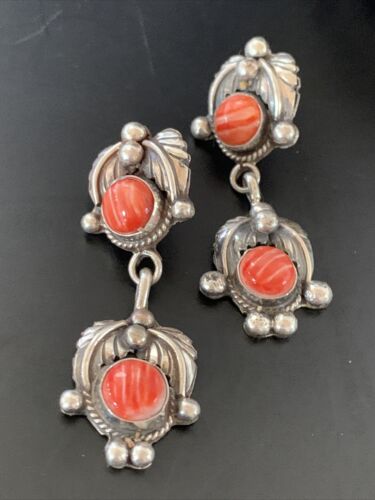 Navajo Red Spiny Oyster Dangle Earrings | Sterling Silver | Authentic Native American Handmade | 2063
