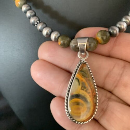 Men's Navajo Pearls Necklace | Gold Bumblebee Jasper Pendant | Sterling Silver | Native American Handmade | 13811