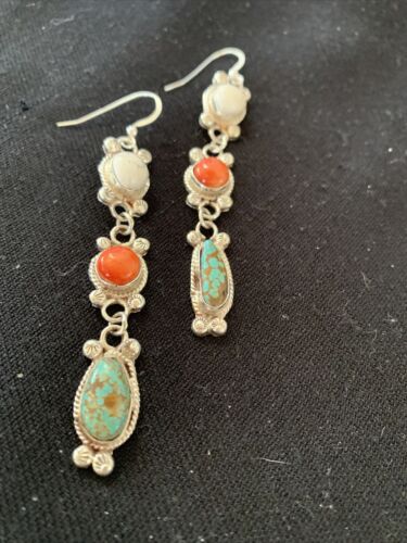 Navajo Spiny, Turquoise & Howlite Dangle Earrings | Sterling Silver | Authentic Native American Handmade | 1572