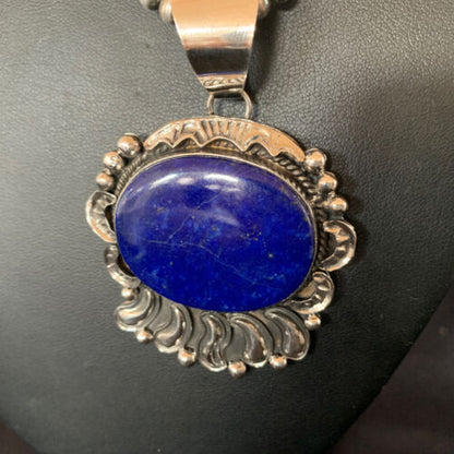 Native American Blue Lapis Pendant Necklace | Navajo Sterling Silver | Authentic Handmade | 14114