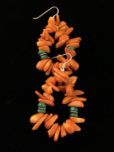 Navajo Orange Coral Turquoise Earrings Set | Sterling Silver | Authentic Native American Handmade | 1776
