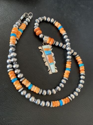 Navajo Turquoise Spiny Oyster Inlay Pendant | Sterling Silver | Authentic Native American Handmade | 11800
