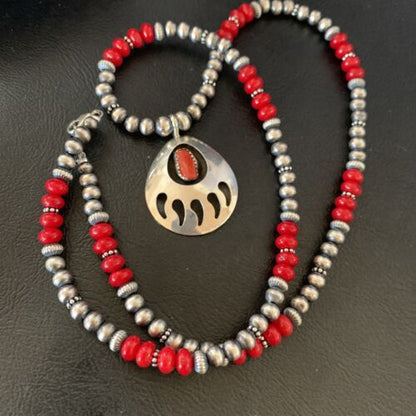 Bear Paw Red Coral Pendant for Men | Navajo Pearl Sterling Silver | Authentic Native American Handmade | 12589