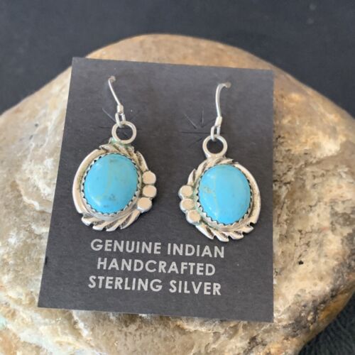 Navajo Blue Turquoise Dangle Drop Earrings | Sterling Silver | 1" | Authentic Native American Handmade | 12746