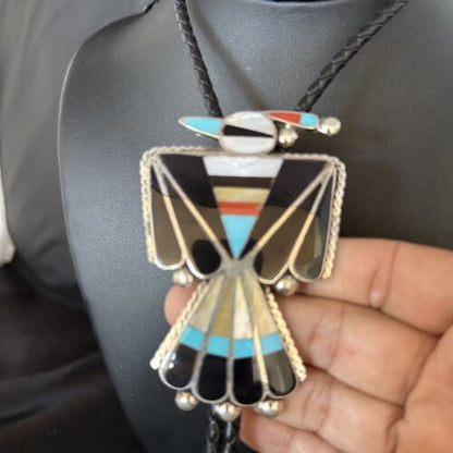 Men's Bolo Tie | Zuni Thunderbird Kingman Turquoise Inlay | Sterling Silver | 14232