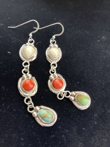 Navajo Spiny, Turquoise & Howlite Dangle Earrings | Sterling Silver | Authentic Native American Handmade | 1634