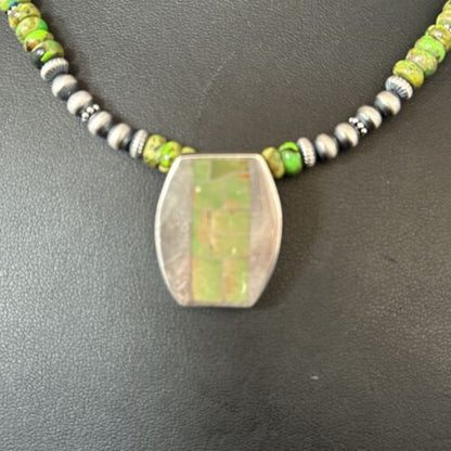 Navajo Green Turquoise Inlay Pendant Necklace | Sterling Silver | 22" | Authentic Native American Handmade | 14610