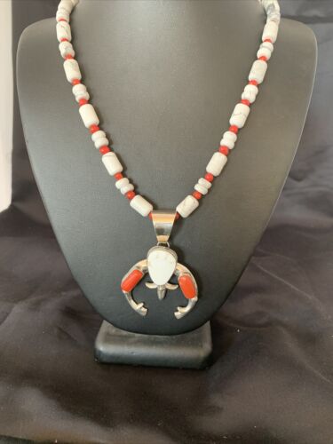 Navajo White Buffalo Turquoise Coral Naja Pendant | Sterling Silver | Authentic Native American Handmade | 10516