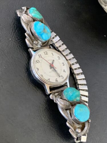 Navajo Women's Sterling Silver Watch Tips with Blue Turquoise Band | Authentic Native American Jewelry | Old Pawn | 12140