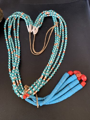 Native American Santo Domingo Spiny Blue Turquoise Shell Jacla Necklace | 5 Strand | 36" | 13188