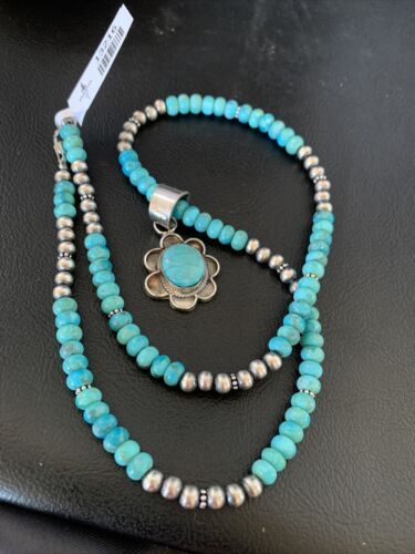 Navajo Blue Turquoise Pendant Necklace | Sterling Silver Pearls | Authentic Native American Handmade | 13216