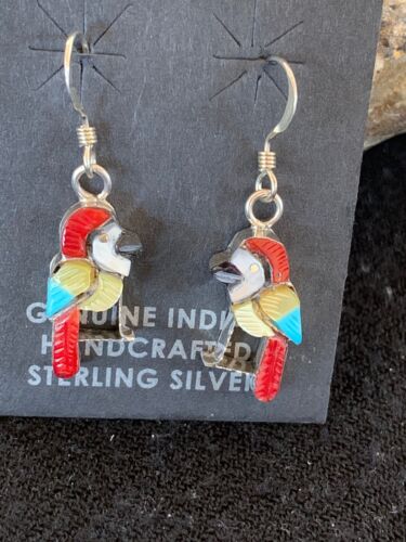 Native American Zuni Parakeet Bird Earrings | Sterling Silver Coral Turquoise | Handmade | 1713