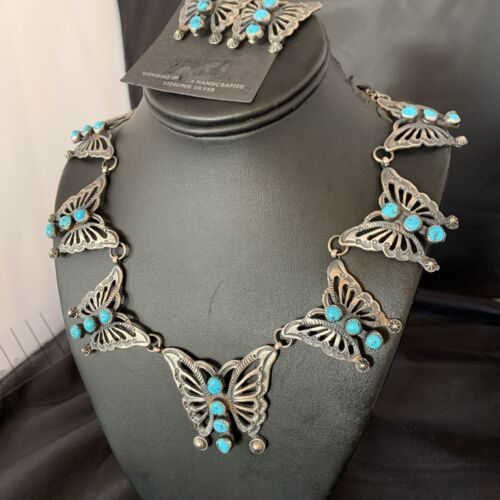 Navajo Butterfly Blue Kingman Turquoise Necklace Pendant Earrings Set | Authentic Native American Handmade | 13227