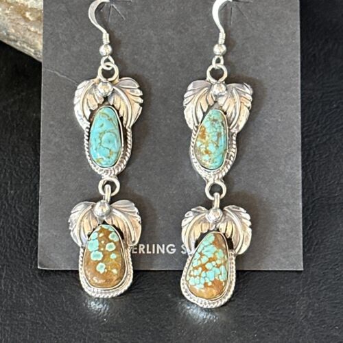 Navajo Blue #8 Turquoise Dangle Earrings | Sterling Silver | Authentic Native American Handmade | 14343