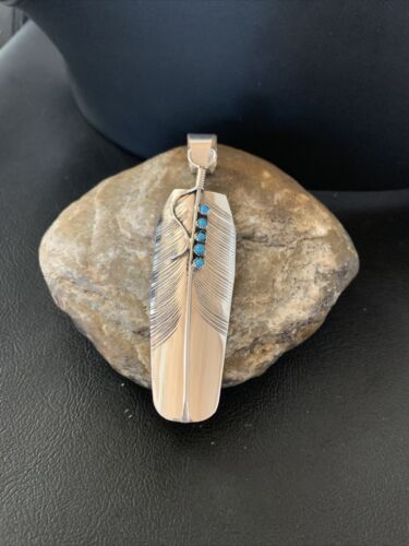 Navajo Turquoise Feather Pendant | Authentic Native American Sterling Silver | Multi-Stone | Handmade | 3.5" | 2106