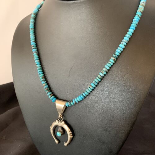 Navajo Sterling Silver Blue Turquoise Pendant Necklace | 6mm Beads | 24" | Authentic Native American Handmade | 12776