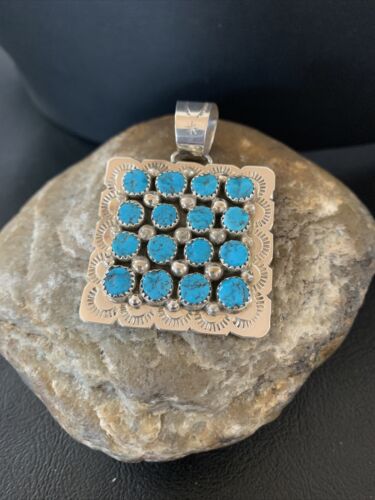 Navajo Blue Turquoise Cluster Pendant | Sterling Silver | 2" | Authentic Native American Handmade | 02098