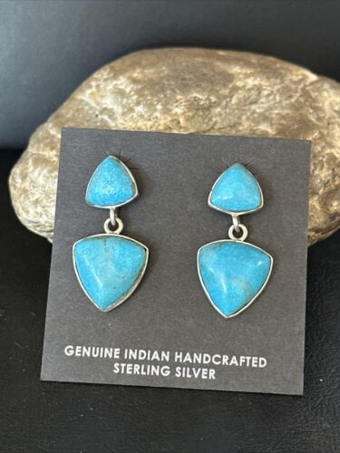 Navajo Blue Turquoise Dangle Earrings | Sterling Silver | 1" | Authentic Native American Handmade | 14771
