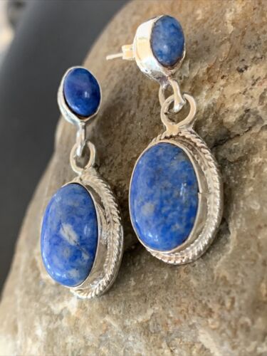 Navajo Denim Lapis Dangle Earrings | Sterling Silver | 1.1" | Authentic Native American Handmade | 1703