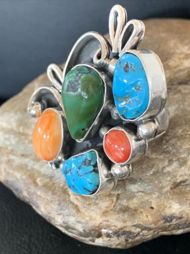 Native American Navajo Sterling Silver Ring | Blue Turquoise & Spiny Oyster | Multi-Stone | Sz 9.5 | 02160