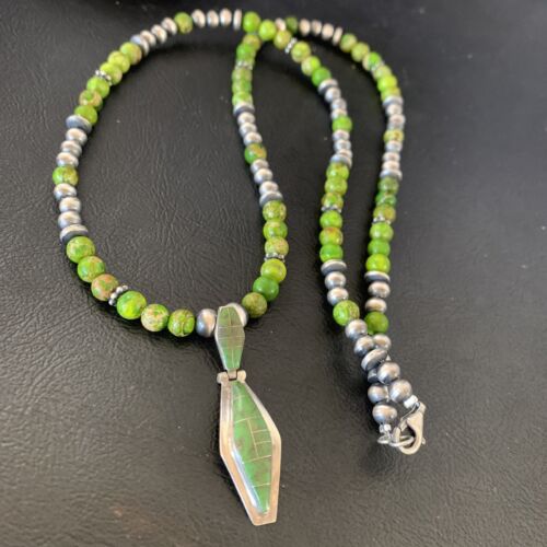Navajo Green Gaspeite Turquoise Pendant | Sterling Silver Inlay | Authentic Native American Handmade | 12361 - Masha USA
