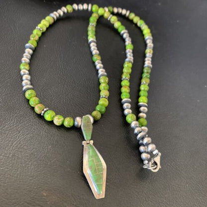 Navajo Green Gaspeite Turquoise Pendant | Sterling Silver Inlay | Authentic Native American Handmade | 12361 - Masha USA