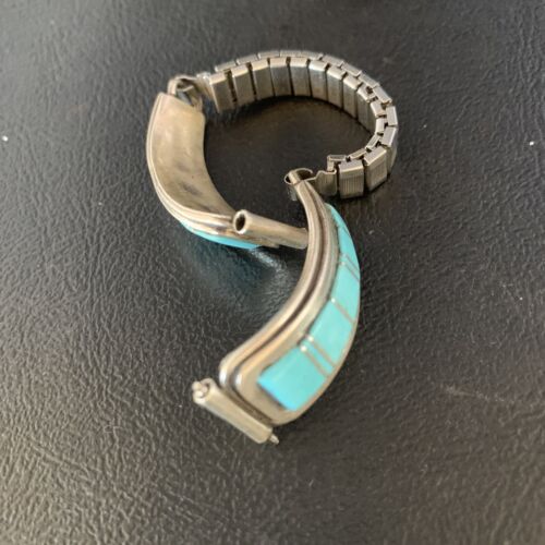 Navajo Sterling Silver Watch Tips with Blue Turquoise Inlay Band | Authentic Native American Jewelry | 13728