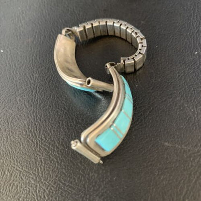 Navajo Sterling Silver Watch Tips with Blue Turquoise Inlay Band | Authentic Native American Jewelry | 13728