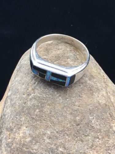 Native American Men's Navajo Opal & Black Onyx Inlay Ring | Sterling Silver | Sz 10 | 1600