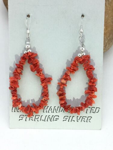 Native American Sterling Silver Navajo Red Coral 2” Earrings 1086 Sale