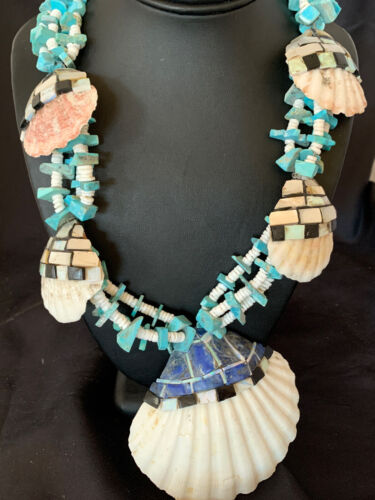 Native American Zuni Shell Pendants | Spiny Oyster & Blue Turquoise Necklace | 30" | 12520