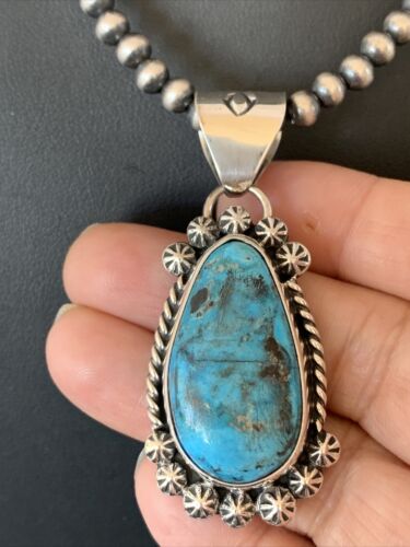 Men's Navajo Pearls Necklace with Blue Kingman Turquoise Pendant | Sterling Silver | Native American Handmade | 12962 - Masha USA