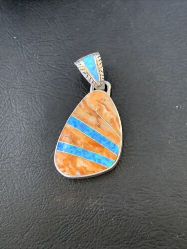 Men's Navajo Orange Spiny Oyster Blue Opal Inlay Pendant | Sterling Silver | Native American Handmade | 12487