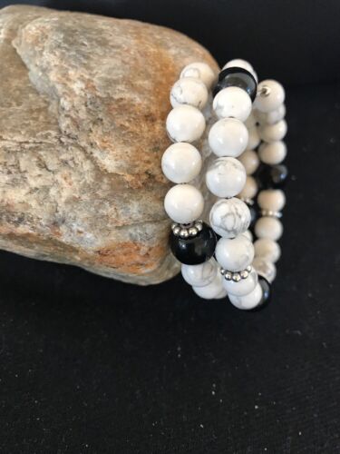 Navajo White Howlite Turquoise Onyx Bead Bracelet | Sterling Silver | Authentic Native American Handmade