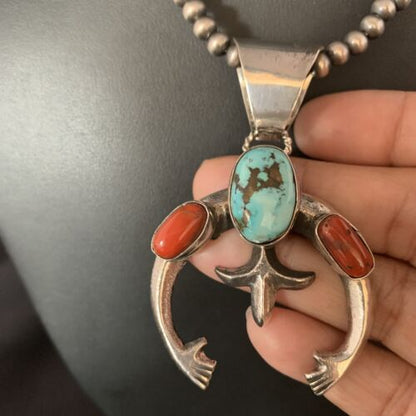 Navajo Pearl Necklace with Royston Turquoise & Coral Naja Pendant | Sterling Silver | 13645