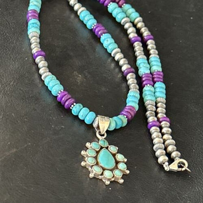 Blue Turquoise Sugilite Multi-Stone Necklace Pendant | Navajo Sterling Silver | 14640