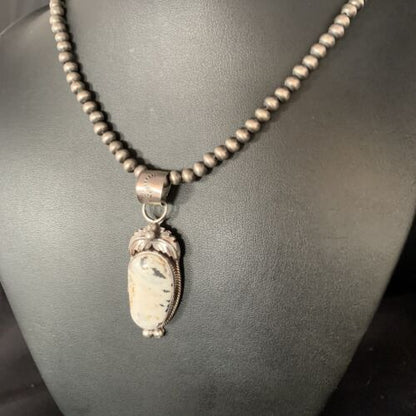 Men's Navajo Pearl White Buffalo Turquoise Sterling Necklace Pendant | 13752