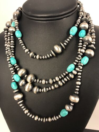 Navajo Pearls Sleeping Beauty Turquoise Necklace | 70" Single Strand | Sterling Silver | Southwestern | 8051