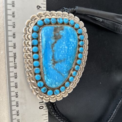 Navajo Blue Kingman Turquoise Bolo Tie | Sterling Silver | Authentic Native American Handmade | 14228