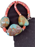 Chunky Turquoise and Red Spiny Oyster Necklace | Navajo Pearls | Sterling Silver | 22" | Native American Handmade | 1238